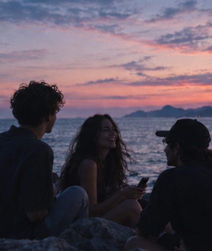 Sample photo: friends talking at dusk